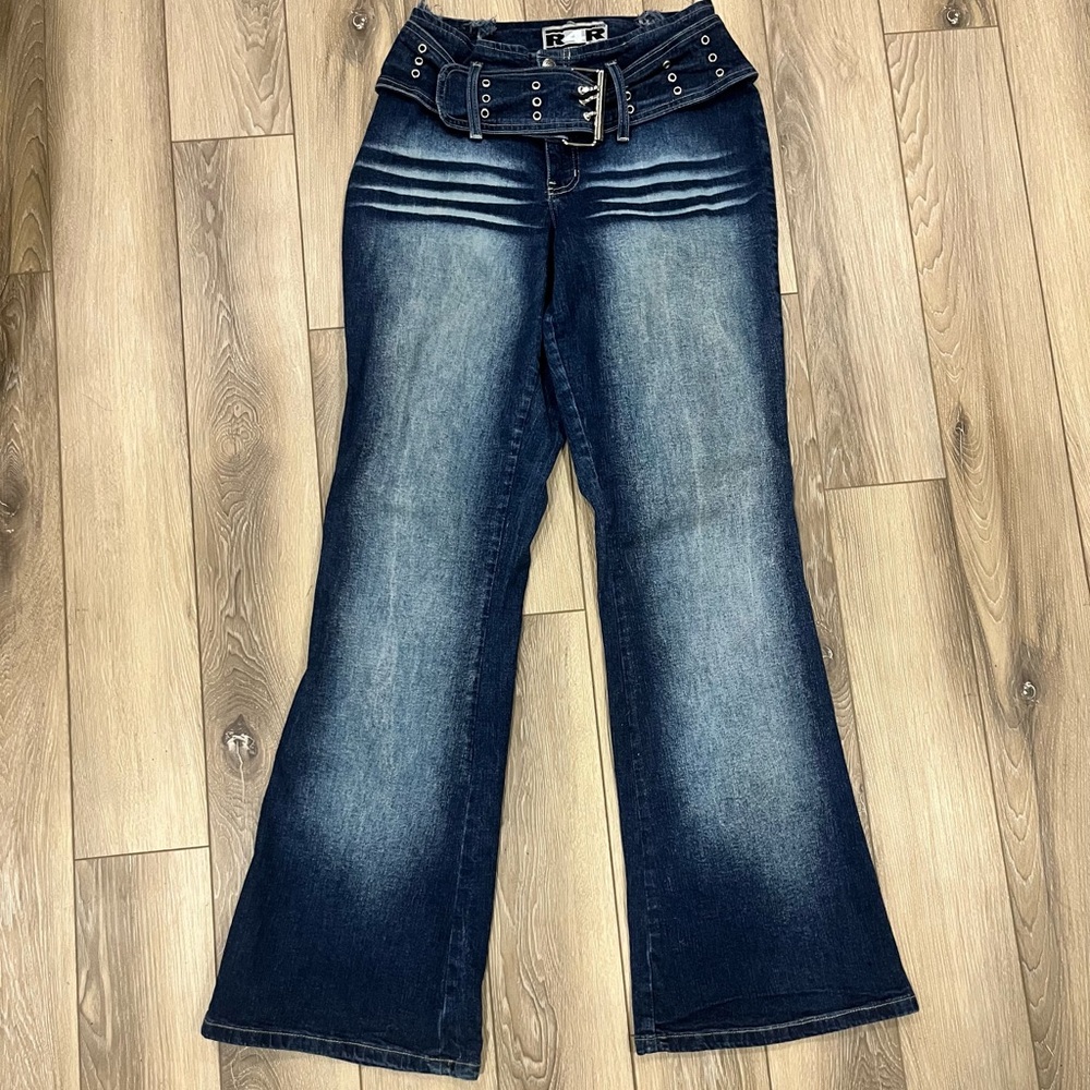 Vintage Y2K Dark Blue Flare Jeans with Belt